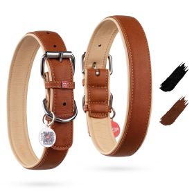 Soft Leather Dog Collar Adjustable Padded Dog Collar for Small Medium and Large Dogs with Durable Buckle and QR Dog Tag Brown Color 15-20 inch Ne